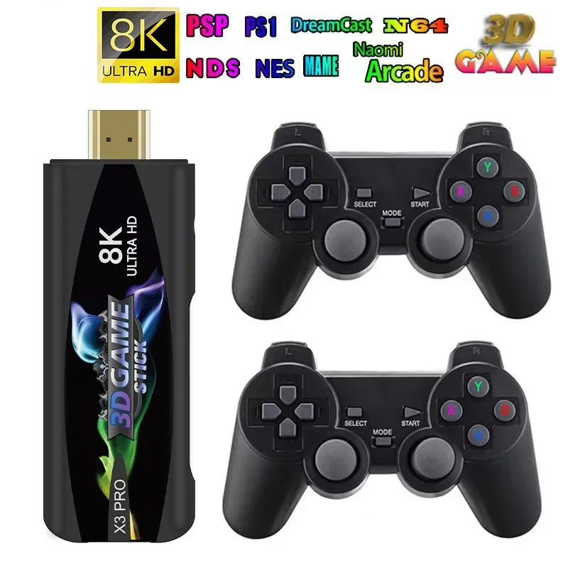 NEW X3pro Dual System Game 8K Retro Video Games Console with Wireless Controller 3D USB Stick 64G 30000+ Games For PSP TV BOX