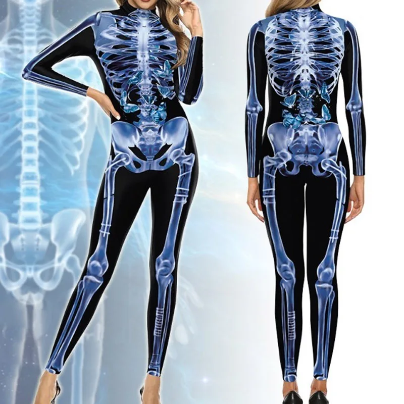 

Боди с принтом костей Displang, человеческие ребрышки и сердце, сценический комбинезон, длинные брюки, костюм на Хэллоуин