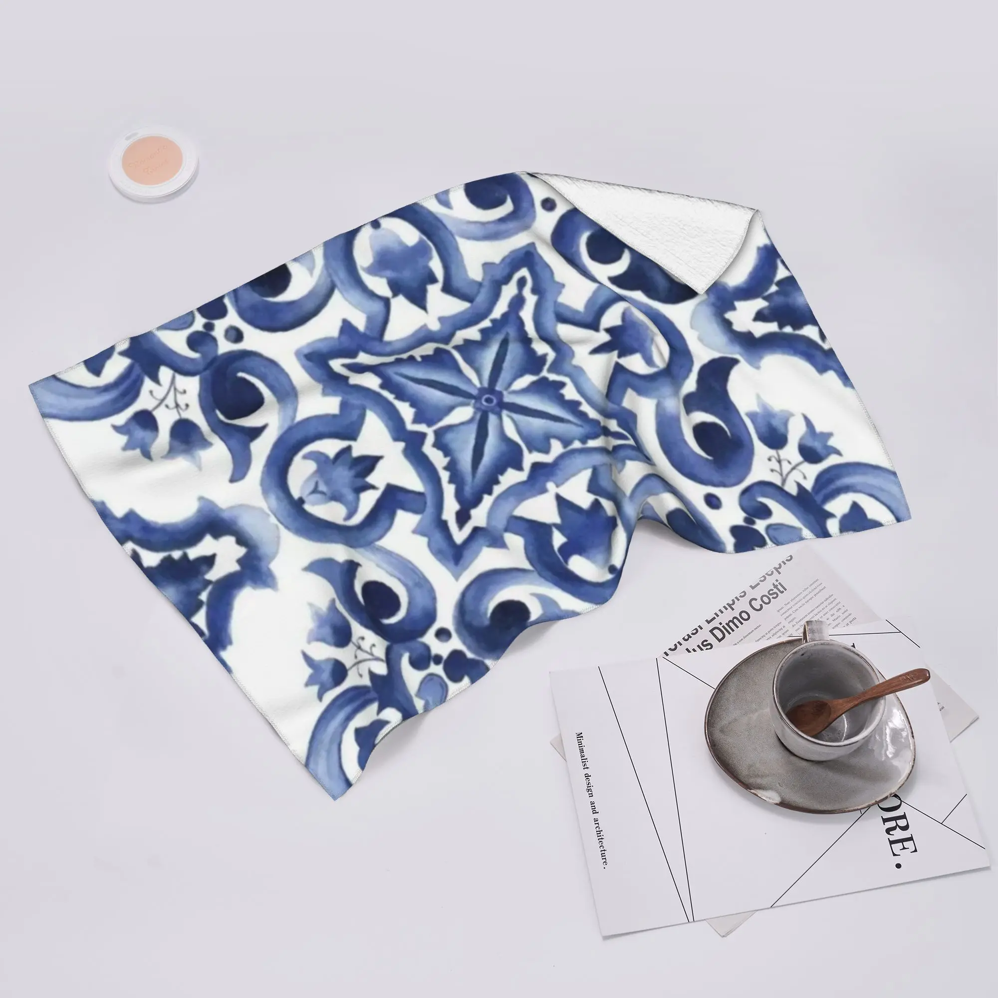 Custom Blue Ornate Floral Mediterranean Sicilian Tile Soft Face Towel Quick Dry Pool Bath Cotton Towels Absorbent