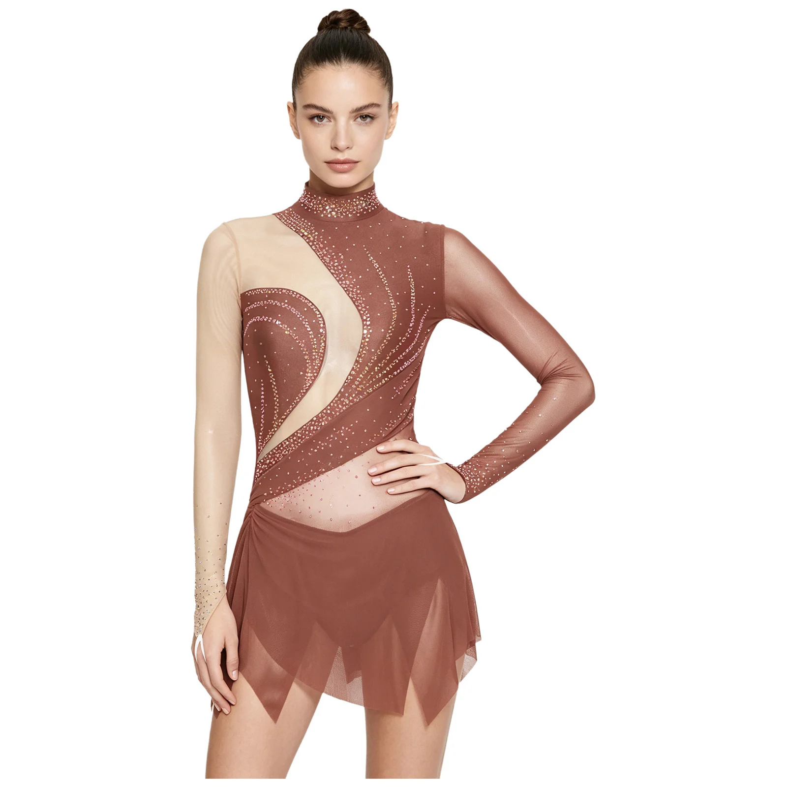 

Artistic Rumba Salsa Dance Bodysuit Dress for Women Long Sleeve Color Block Irregular Hem Dress for Figure Skating Gymnastics
