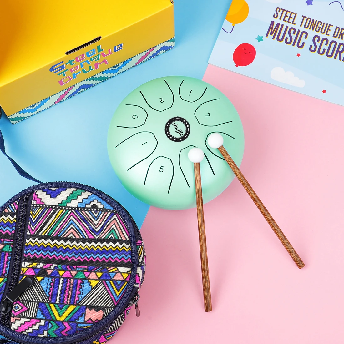 Hooqu Hot Sale Chinese Drums Instruments Manufacturers Kids 5.5'' Hand Drum Popular Percussion Meditation Steel Tongue Drum