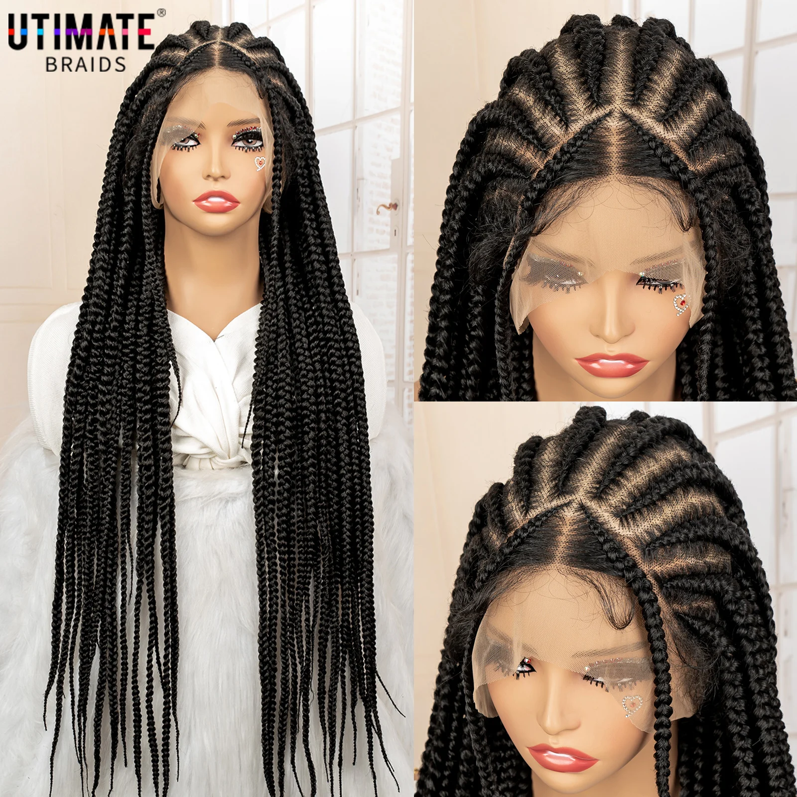 34 นิ้วสังเคราะห์วิกผมลูกไม้ด้านหน้าด้านหน้า Cornrow Braided Wigs สําหรับผู้หญิงสีดํา Knotless กล่องถักวิกผมลูกไม้ Faux Locs Braids วิกผม