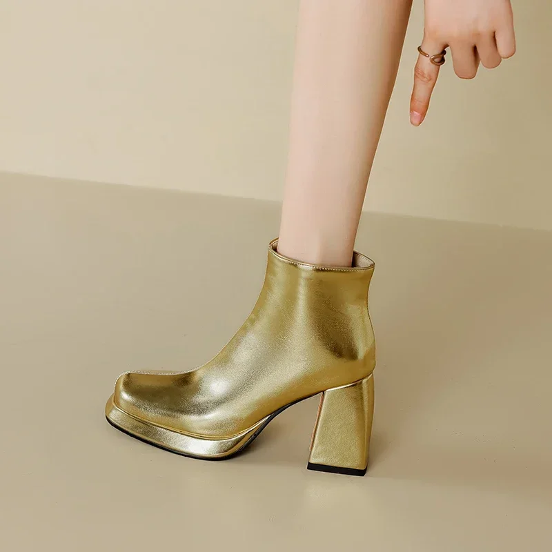 Shiny Silver Gold Winter Autumn Women Ankle Boots High Block Heels Party Dress Lady Square Toe Zipper Plush Platform Short Boots