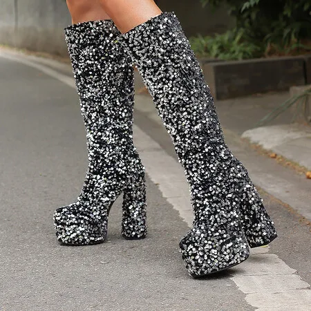 Blingbling Glitter Kneehigh Boots Women Silver High Heel Boots Black Sequin Lady Thick Platform Shoes 2024