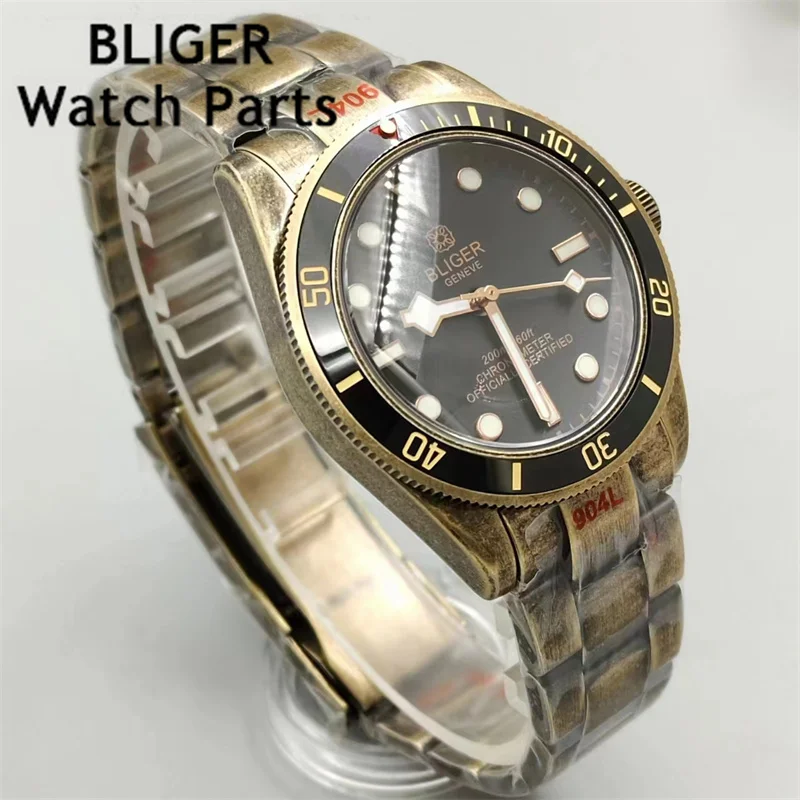 BLIGER Bronze 39mm NH35A Automatic Movement Mechanical Diving Men\'s Watch Snowflake Hand Domed Sapphire Crystal Oysters bracelet