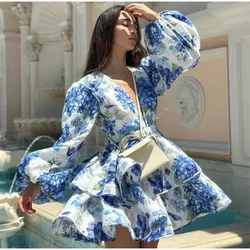 Abiti corti vintage con scollo a V e maniche a sbuffo Abiti estivi da donna sexy con stampa floreale gialla Elegante abito a pieghe con linea A Abiti da spiaggia per feste