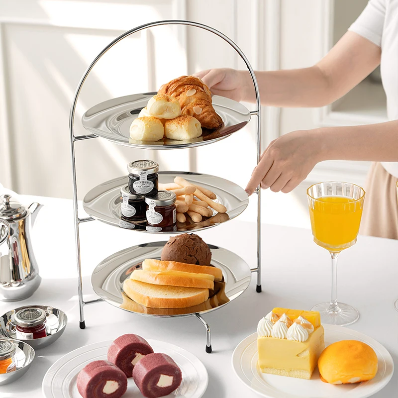 

European Style Cake Stand Creative Afternoon Tea Serving Tray 3-Tier Stainless Steel Dessert Display Rack Model Home Fruit Plate