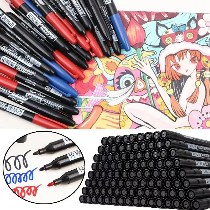 

10-12PCs Permanent Marker Pen Fine/Thin & Crude/Twin Nib 1.5mm Waterproof Oil-Based Ink Black Blue Red School Office Supplies