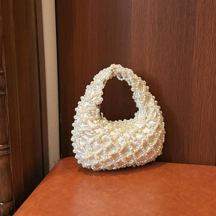 Women Pearl Beading Handbag French Casual Fashion Elegant Luxury Design Hollow Out Satin Female Evening Clutch Bag