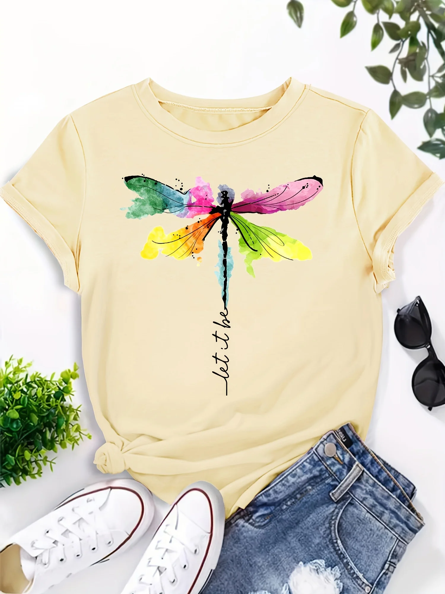 Dragonfly Print Crew Neck T-Shirt, Casual Short Sleeve T-Shirt For Spring & Summer, Women's Clothing