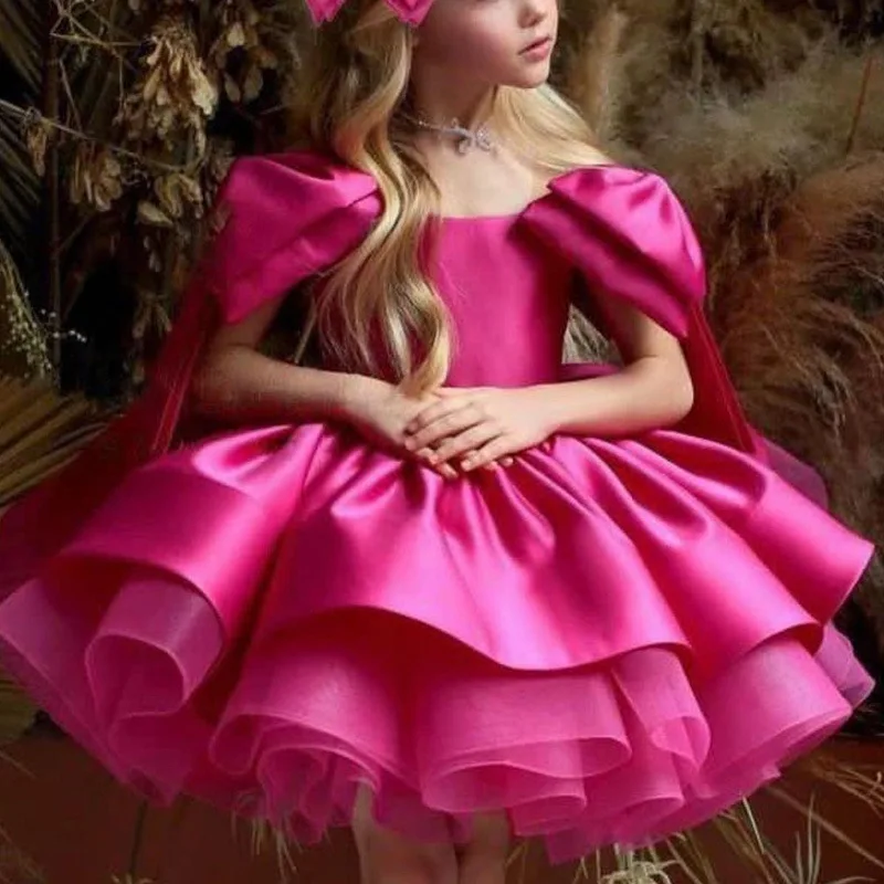 Luxury Girls Big Bow Wedding Party Flower Girl Dresses Pink Long Tulle Baby Ceremony Evening Dress Summer 3-10 Y graduate Dress