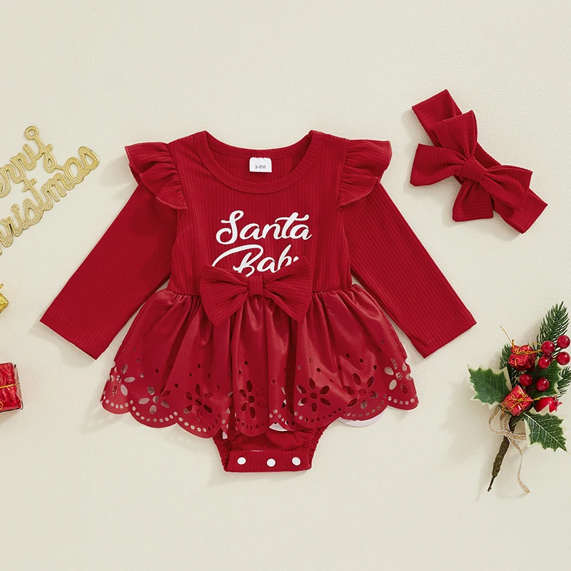 ملابس عيد الميلاد بأكمام طويلة للفتيات الصغار ، فستان رومبير مع عصابة رأس ، طباعة حروف ، مجموعة ملابس للأطفال الصغار