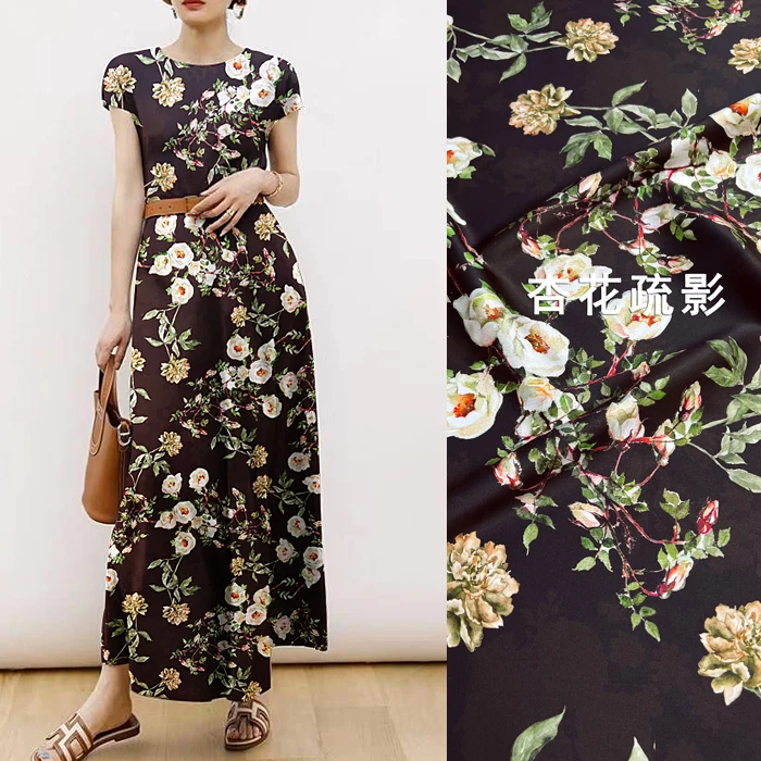 

3m Green black color rose prints Silk Fabric 93% Mulberry Silk and 7% Spandex