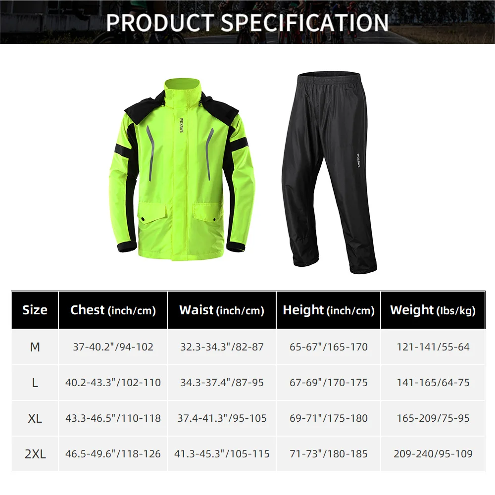 Bicycle Rain Pants Rain Coat Suit Waterproof Reflective Rain Jacket with Detachable Hood & Shoe Cover for Outdoor Cycling