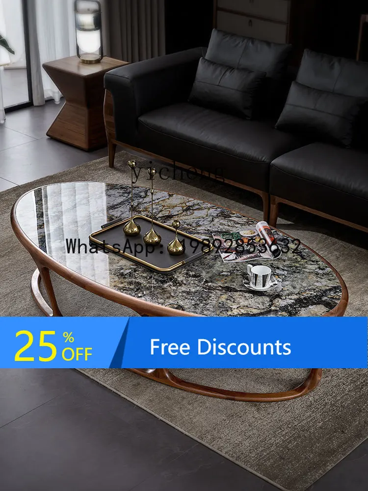 North America Black Walnut Solid Wood Tea Table Living Room Home  Light Luxury Stone Plate Tea Table