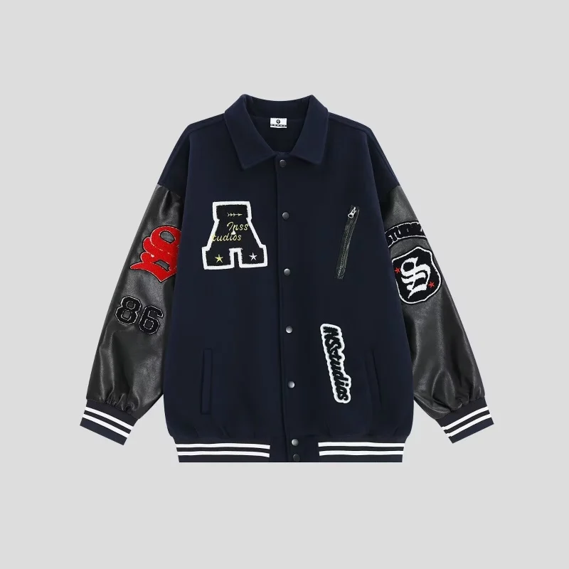 

Autumn Mens Vintage Turn-down Collar Bomber Jacket Loose Letter Embroidery Coat Motorcycle Jacket Unisex Baseball Jackets