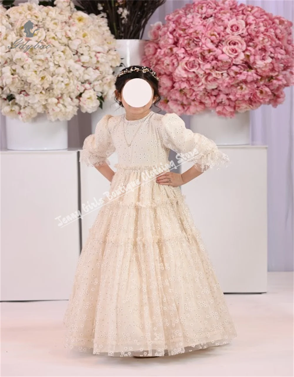

Lace Flowerr Girl Dress O-Neck Puffy Sleeves First Communion Little Girl for Birthday Prom Party Princess kids Gown