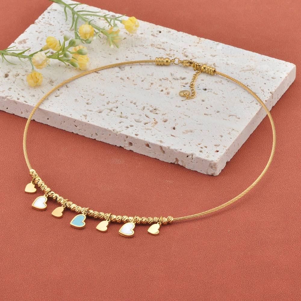 JeeMango الأزرق شل الحب القلب حبة الفولاذ المقاوم للصدأ المرأة المختنقون قلادة PVD مطلي متعدد نمط خاتم هدايا مجوهرات أنيقة N25173