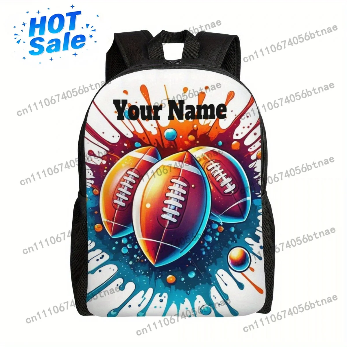 Customizable Rugby-Themed Backpack With Personalized Name, Lightweight Polyester Bag With Adjustable Straps, Zip Closure, And Pr