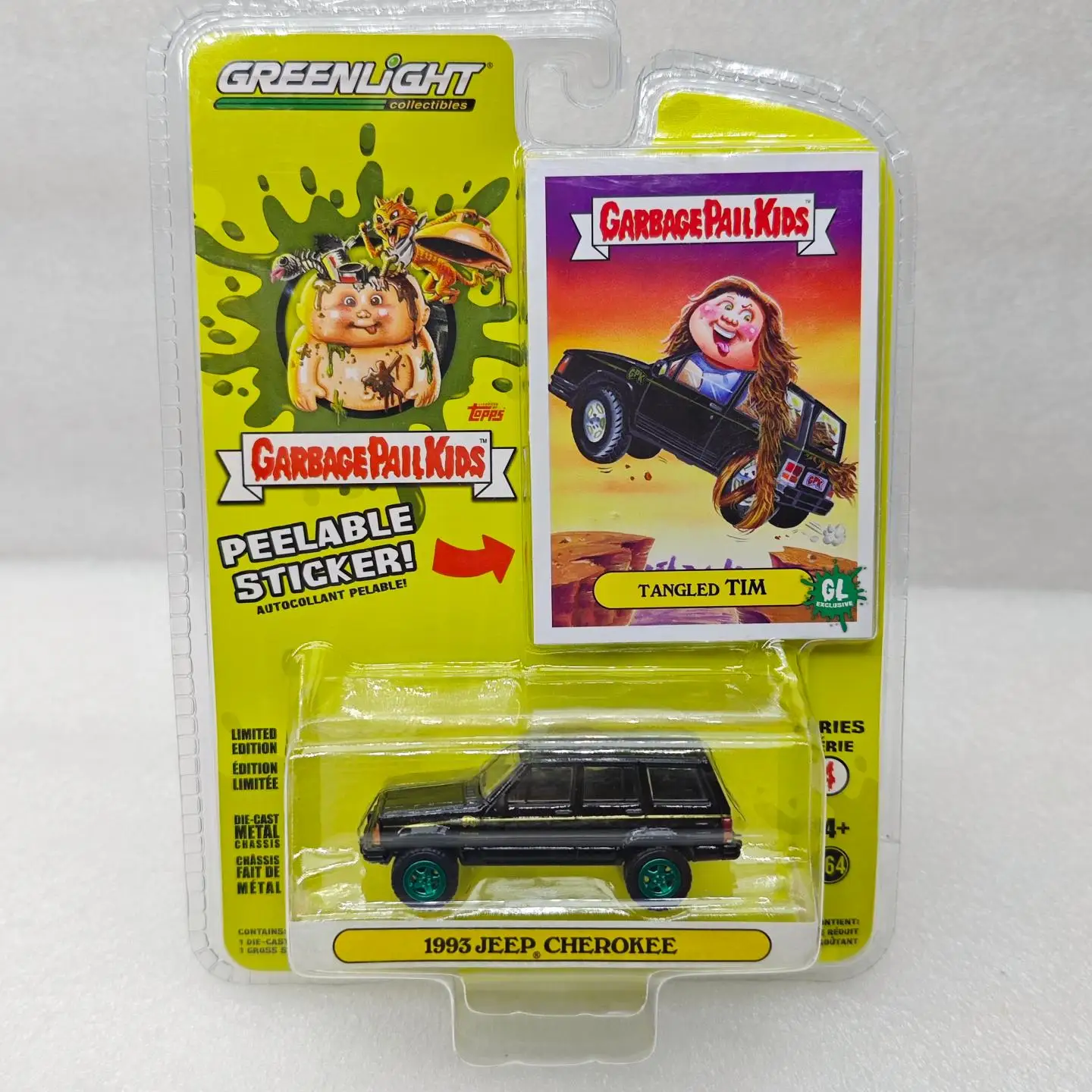 Zielony Samochód 1:64 Trash Can Kids Series 4 - Tangled Tim - Jeep Cherokee z 1993 roku, Green Machine, Model Samochodu z Odlewu Stopu Metalu, Kolekcjonerski
