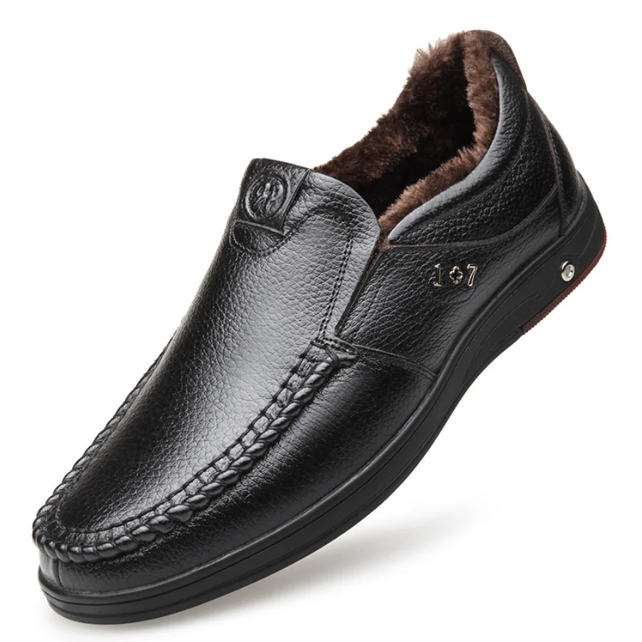 Fashion Genuine Leather Shoes Men Casual Plush Snow Boots Luxury Mens Loafers Moccasins Breathable Slip on Driving Warm Shoes