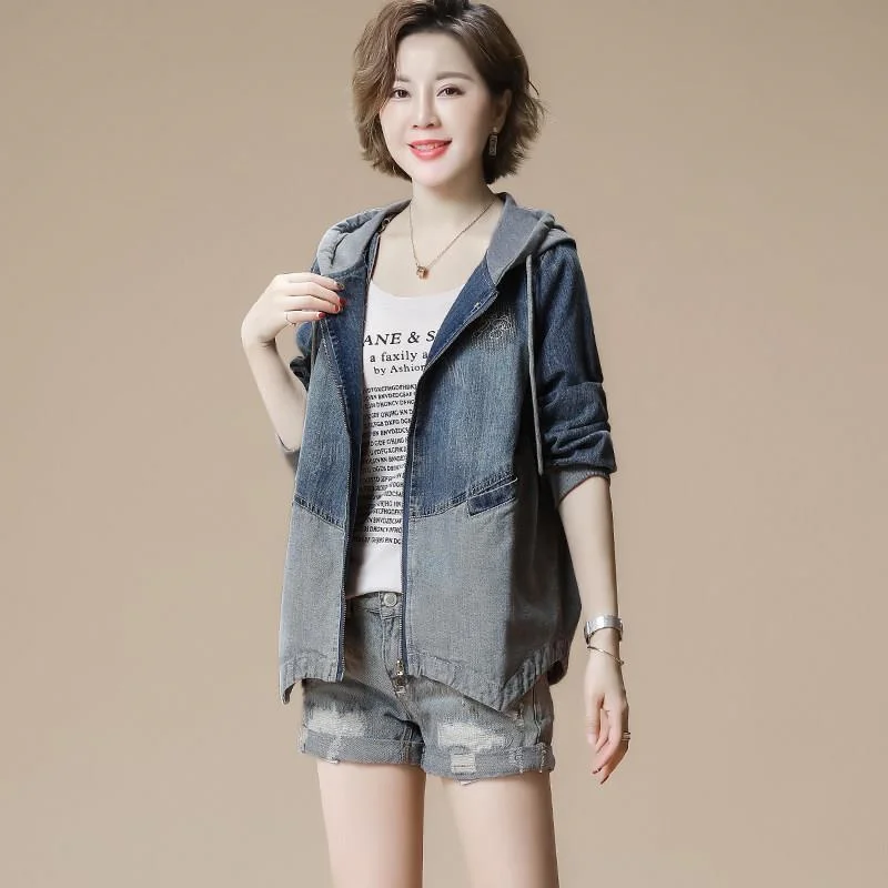 2023Women Short Korean Loose Slim Zipper Comfortable Splicing cowboy Top Spring Autumn New Female Hooded embroider Denim Jacket