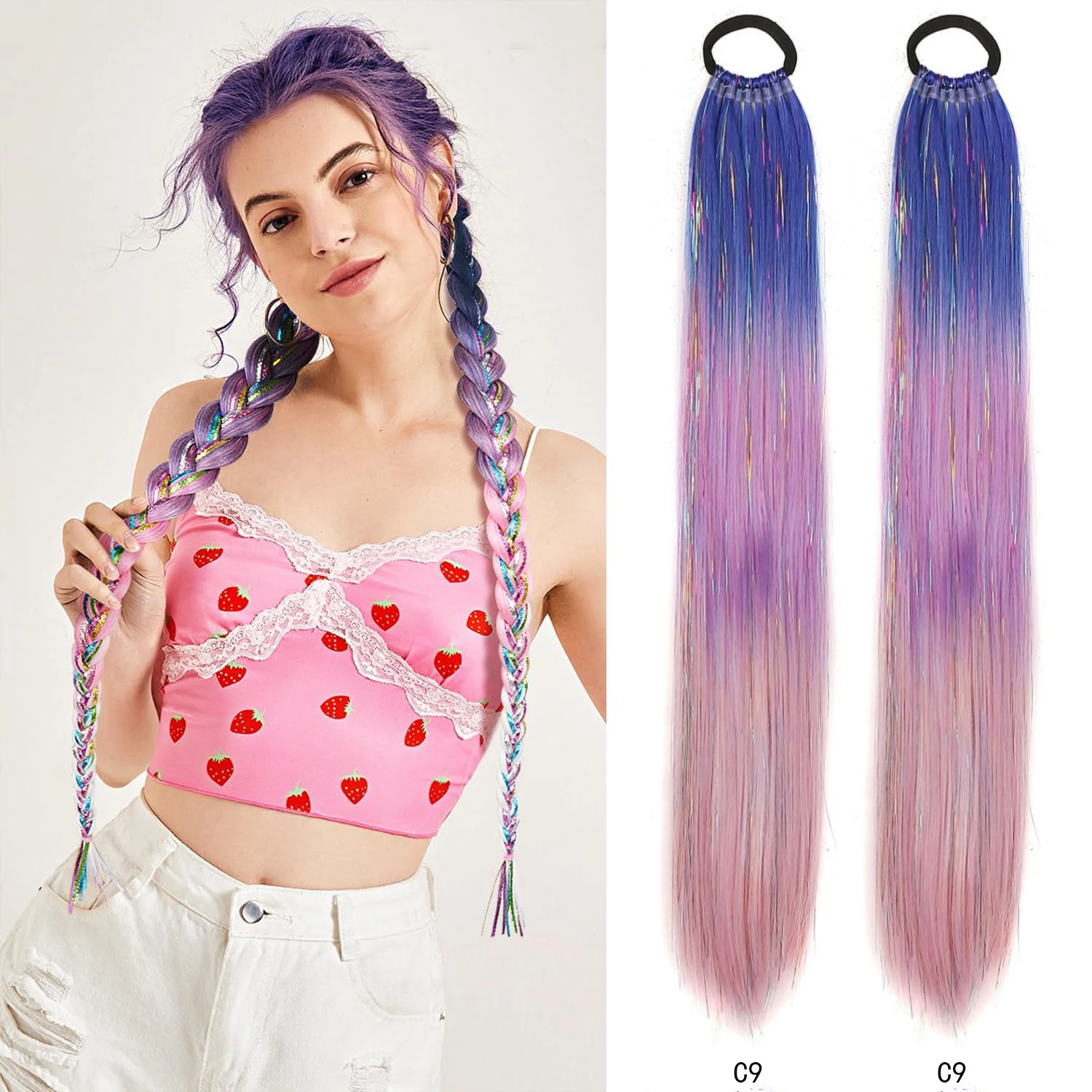 

1 шт./2 шт. фиолетовый, красный, розовый, мишура, наращивание хвоста с эластичной резинкой для волос, синтетические плетения волос для девочек
