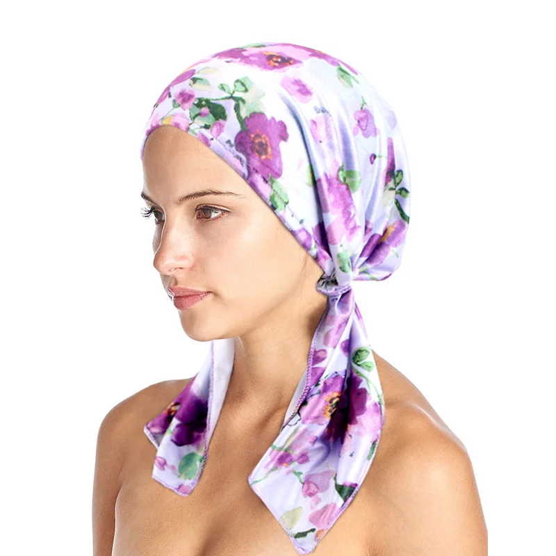 New Women Printed Pre-Tied Turban Cap Muslim Hijab Inner Caps Hair Loss Cover Beanies Bonnet Long Tail Headscarf Strech Bandana