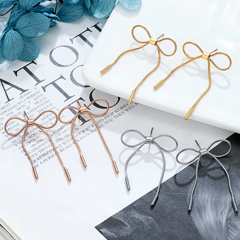 2024 Hot Style 316 Stainless Steel Bowknot Blow Chain Long Tassel Jewelry For Women Earrings Cute Gold Color Snake Chain