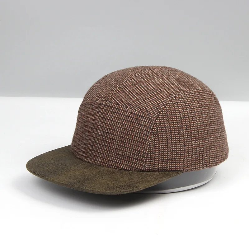 Neue Splicing-Tweed 5-Panel Baseballkappen mit anpassbarem Logo, Frühlings- und Herbst-Street-Trend, vielseitige Retro-Skateboard-Mützen, Unisex – Detail 8