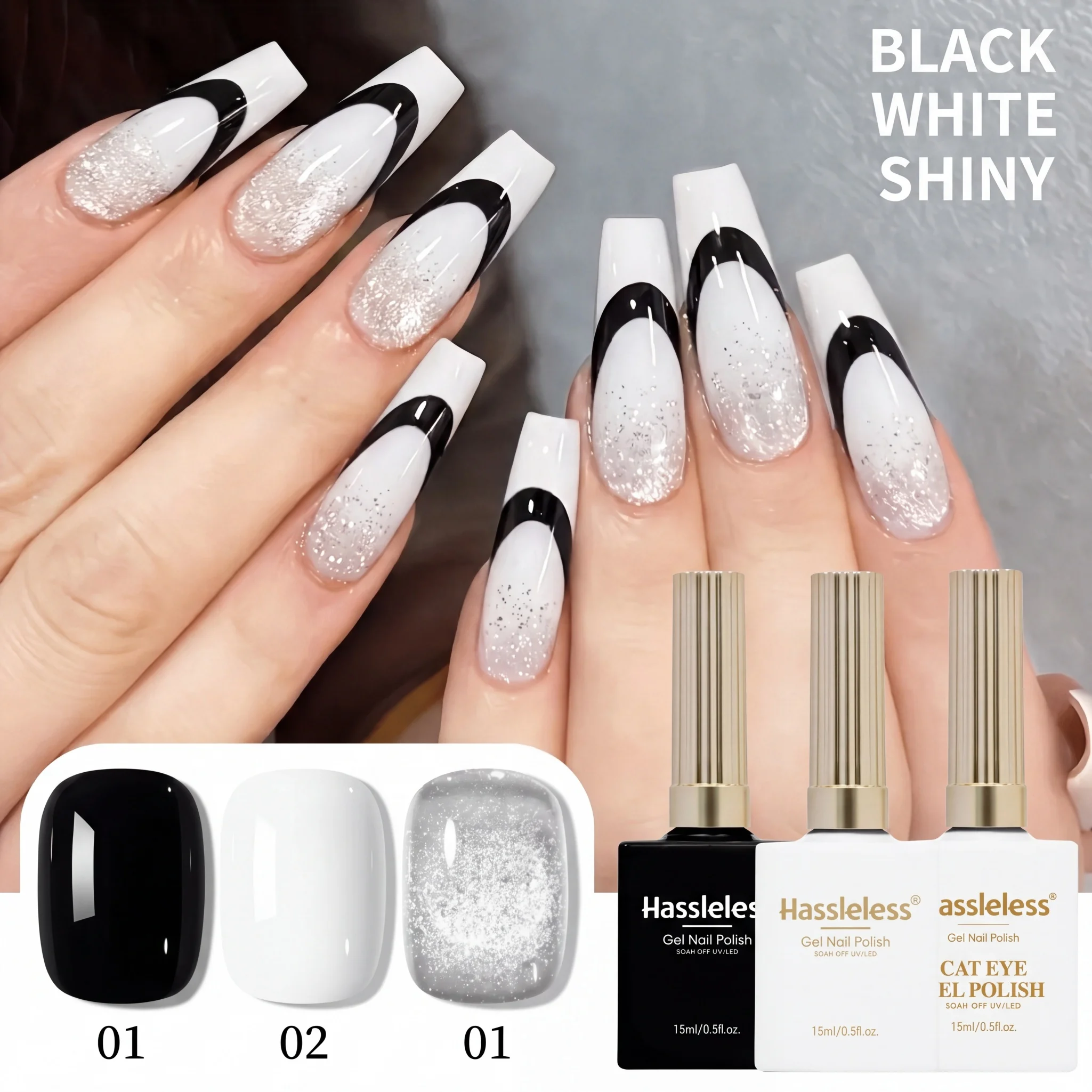 Hassleless 3Pcs Nail Polish Gel Set Black White Silver Glitter Cat Eye Nail Polish Gel Removable Uv Nail Polish Gel Nail Salon Home DIY Party Date Atmosphere Nail Art Gift Set
