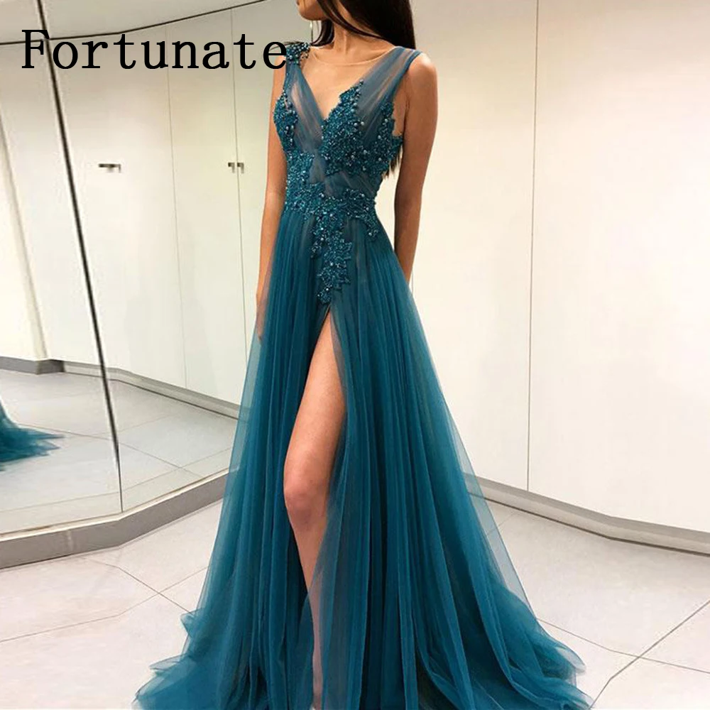 Vestidos de noite verde pavão, Long Prom Gowns, Sexy High Split, V Neck Backless, Vestidos de festa com apliques de renda, Elegante e Personalizado