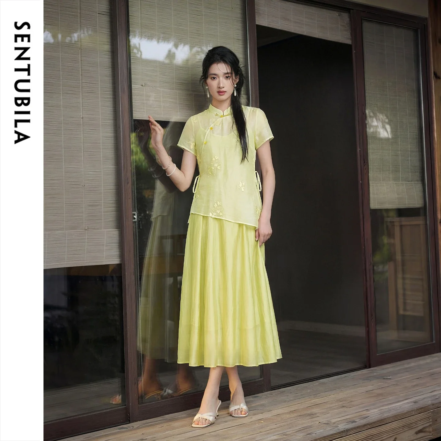 SENTUBILA Lyocell Chinese Style 2 Piece Set Woman Outfits Stand Collar Embroidered Light Blouse A-line Camisole Dress Q62ZJ7853