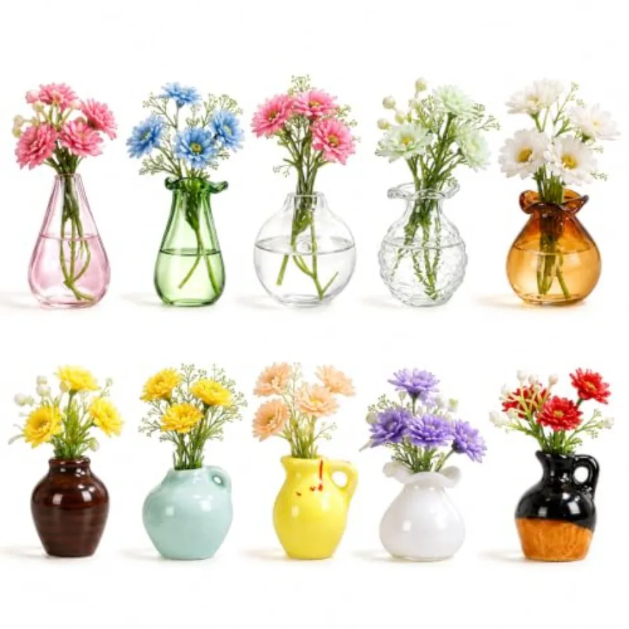 Mini Vase Magnets for Fridge - 10-Pack Mixed Ceramic and Glass Bud Vases - Slam-Proof for Mom, Teachers, Coworkers and Office D