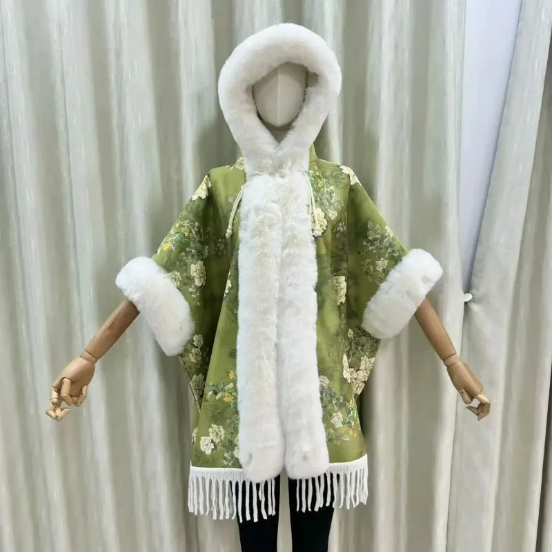 

2025 for Women Knitted Hooded Real Rabbit Fur Poncho with Tassel Female Loose Real Raccoon Fur Cape with Pocket Wrap Shawl Wh19