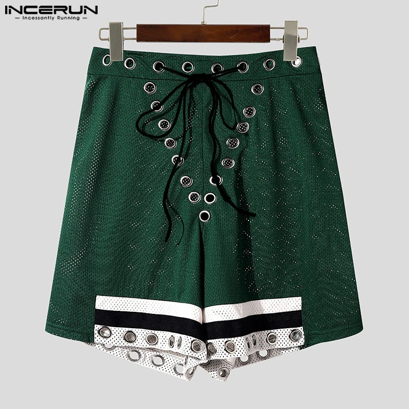INCERUN เสื้อกันหนาวผู้ชายกางเกงขาสั้นตาข่าย Patchwork Lace Up ดูผ่านฤดูร้อนผู้ชายกางเกง Streetwear หลวม 2025 แฟชั่นสบายๆกางเกงขาสั้นชาย S-5XL