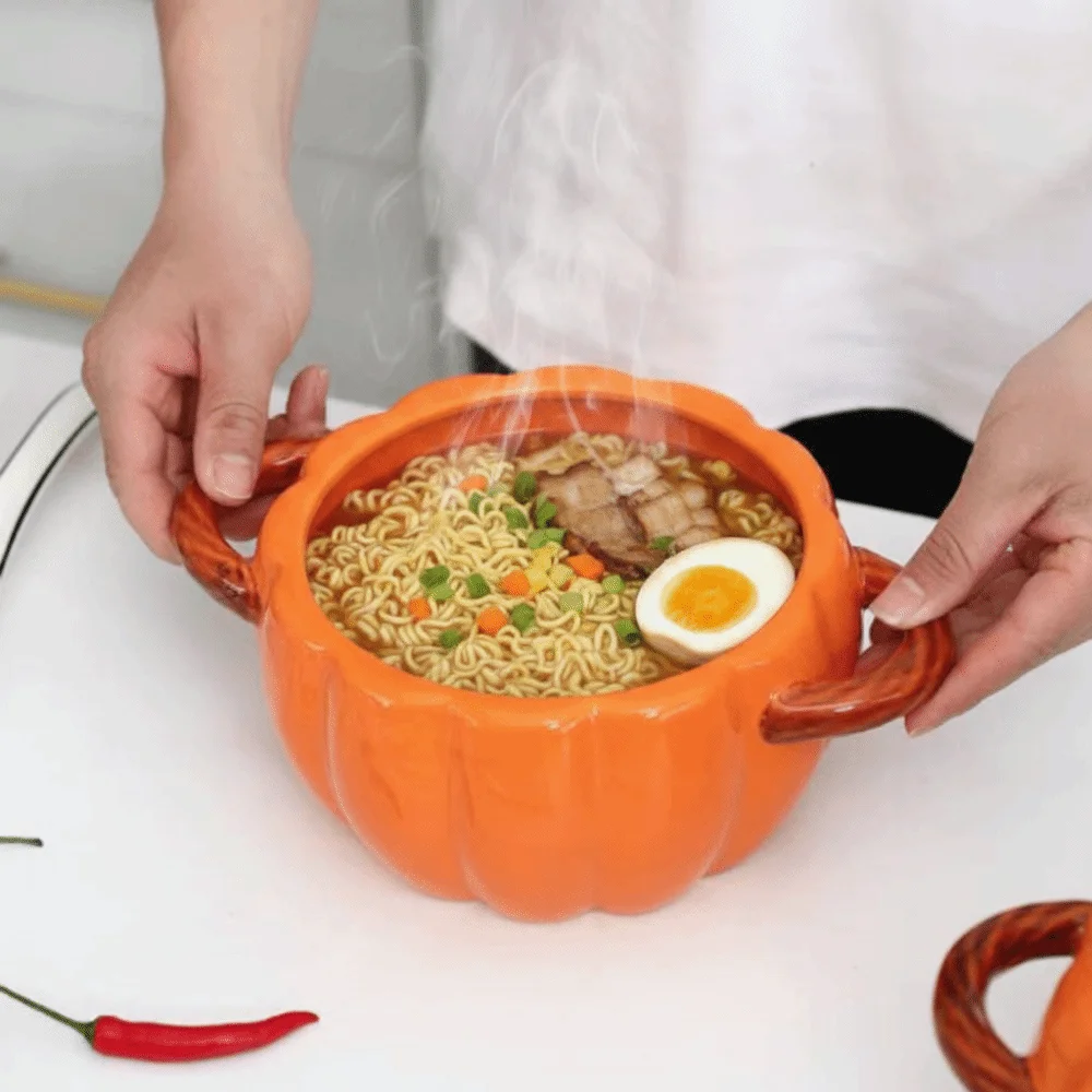 Ceramic Halloween Pumpkin Bowl with Lid Double Ear Handle Pumpkin Casserole Non-slip Bottom Glazed Surface Dessert Bowl