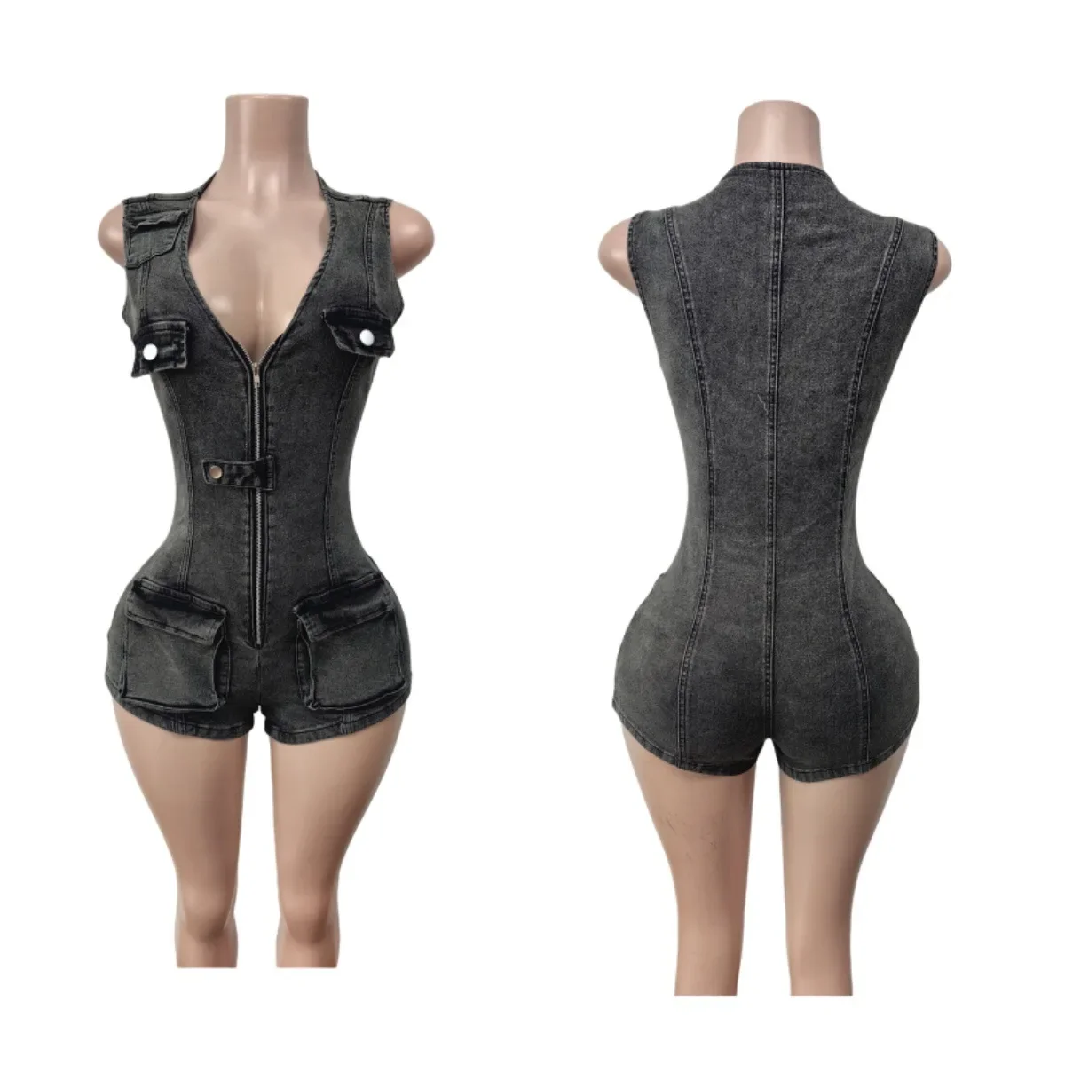 

Women Sexy Denim Tank Cargo Playsuits Front Zipper V-neck Sleeveless High Stretch Pockets Vintage Jeans Rompers Casual Overalls
