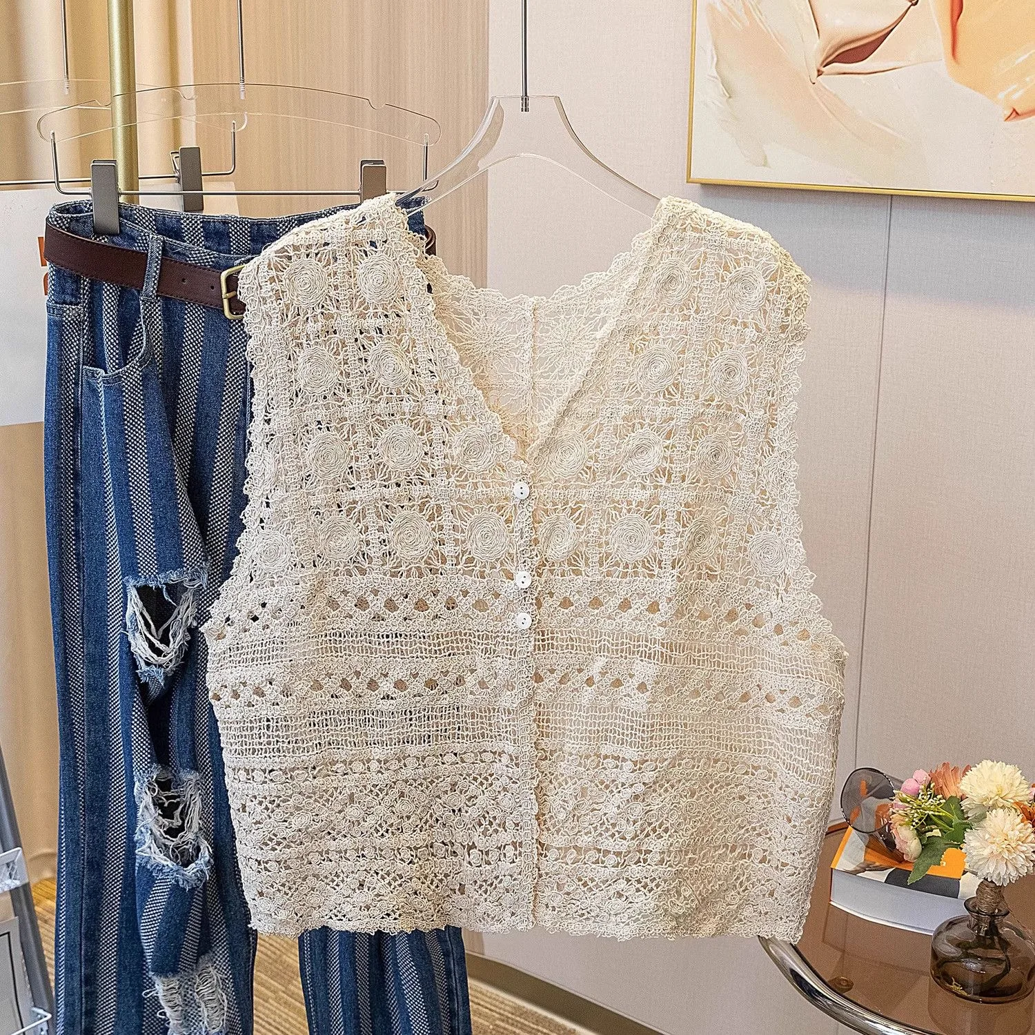 Women's Boho Style Knit Crochet Lace Vest V-neck Button Summer Beige White Sleeveless Jacket Top See Through Cover Up Cardigan