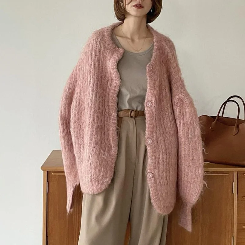 Spring Winter Warm Womens Clothing Long Sleeve Cardigans Femme Mohair Sweater O Neck Ropa Mujer Stick Needle Knitwears Tops