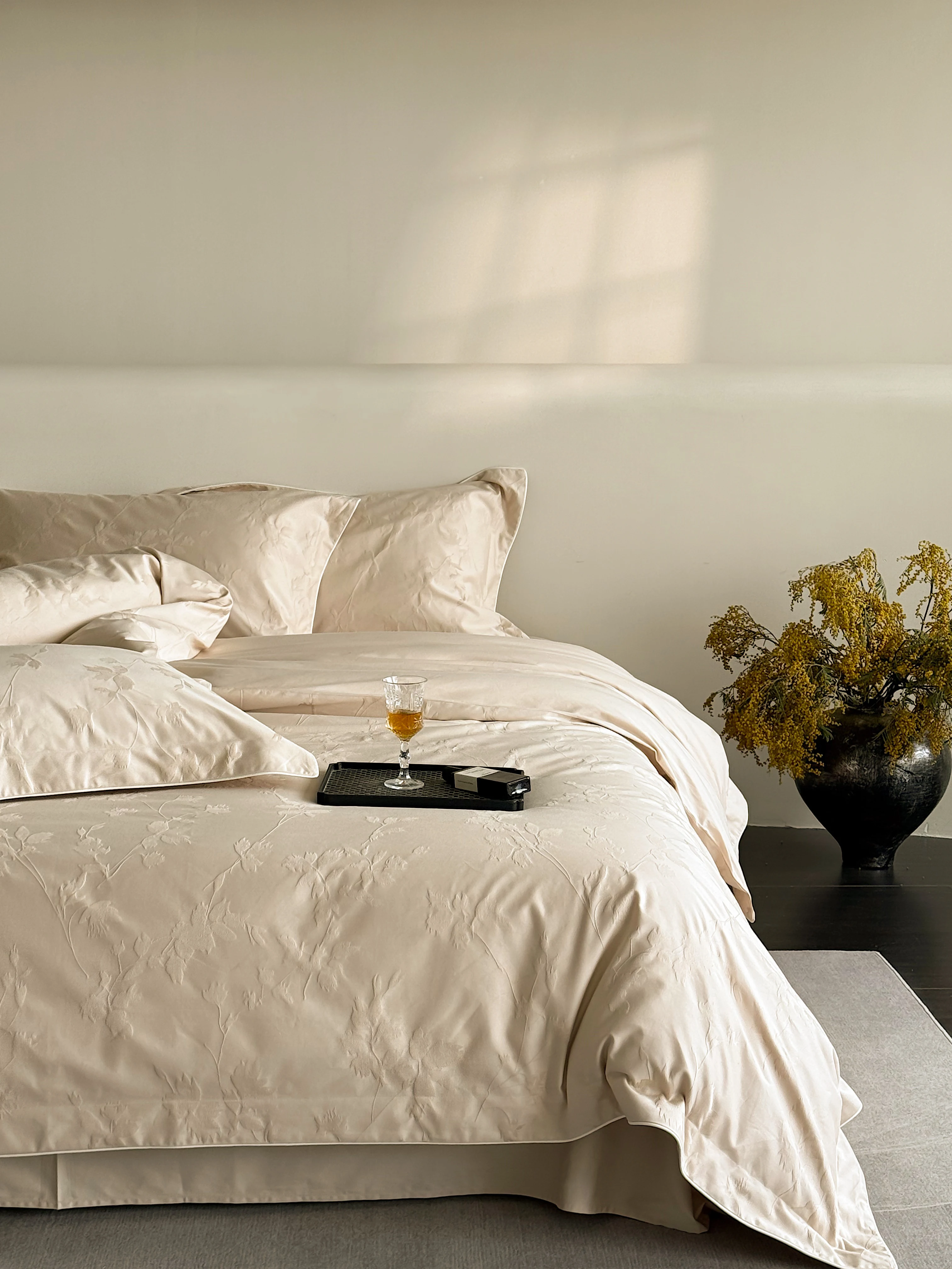 Luxury Cream Jacquard Bedding Set 4pcs Nordic Champagne Duvet Cover Set King Queen Bed Linen High-end Sateen Quilt Cover Set