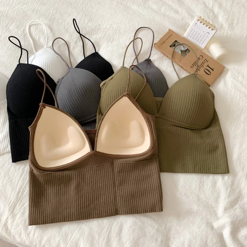 Women Sexy Solid Crop Top Women Tank Tops Sleeveless Slim Camis with Bra Basic Underwear Padded Bra Tops Sexy Femme 사골곰탕