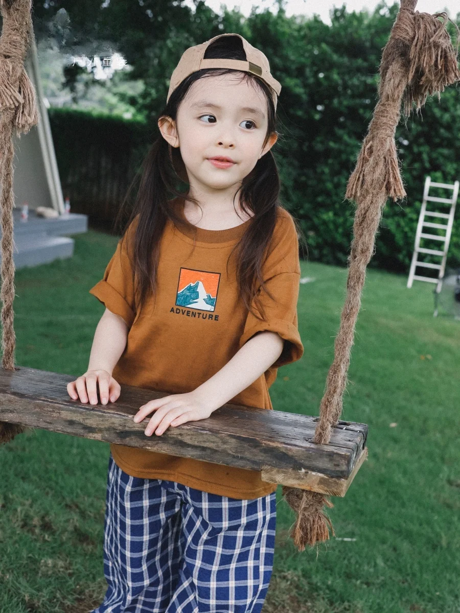 Pure Cotton Short Sleeve T-Shirt for Girls Summer New Loose Outdoor Camping Children's Clothing Breathable round Neck Top