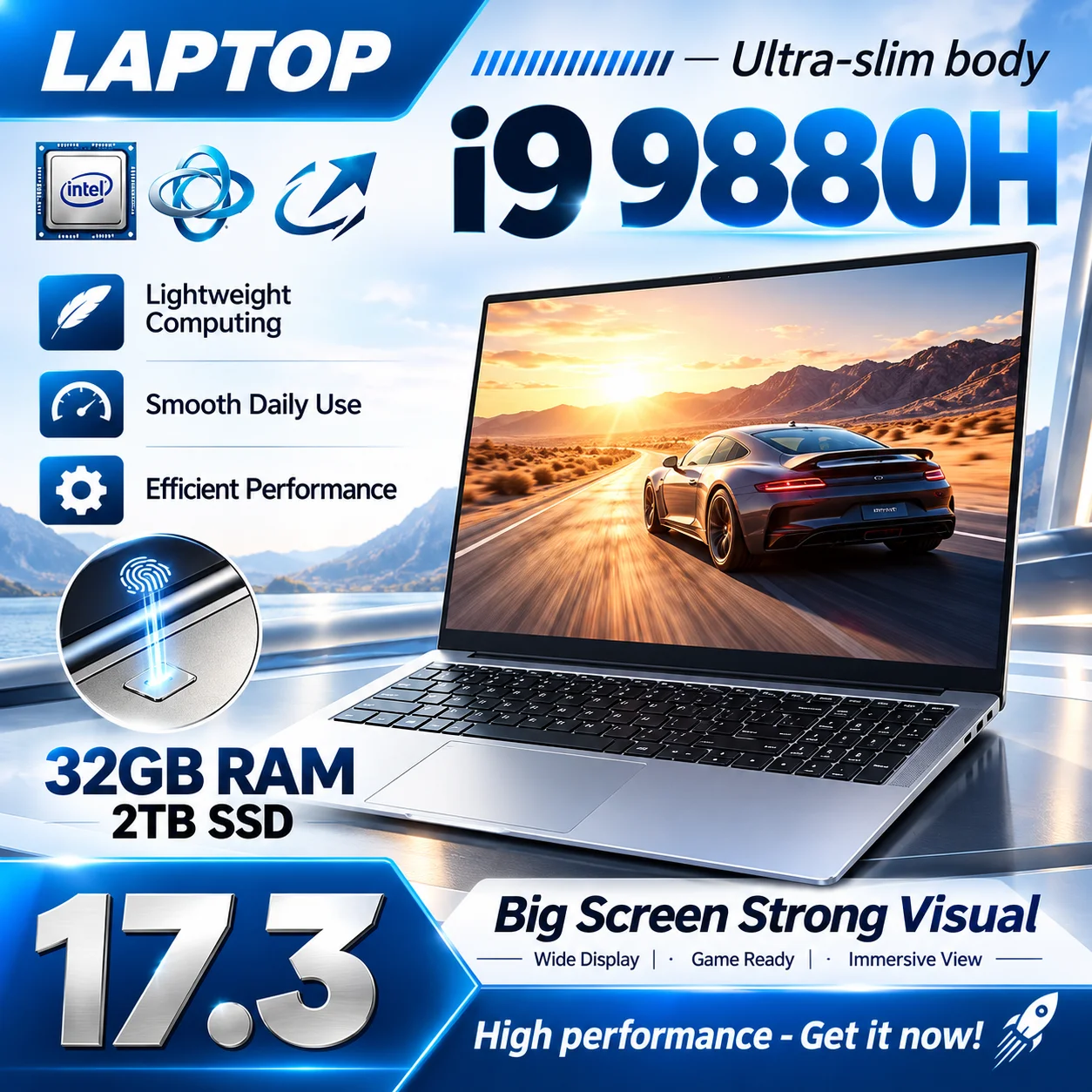 Intel Core i9 9880H 17.3 Inch Large Screen Notebook PC 32GB RAM 2TB SSD Fingerprint Recognition Office High‑Performance Laptop