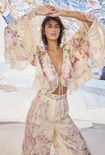 2026 Women's Pants Suit Floral Printed Beaded Lace Patch Flare Sleeve V-Neck Shirt+High Waist Wide Leg Trousers 100% Silk Suit