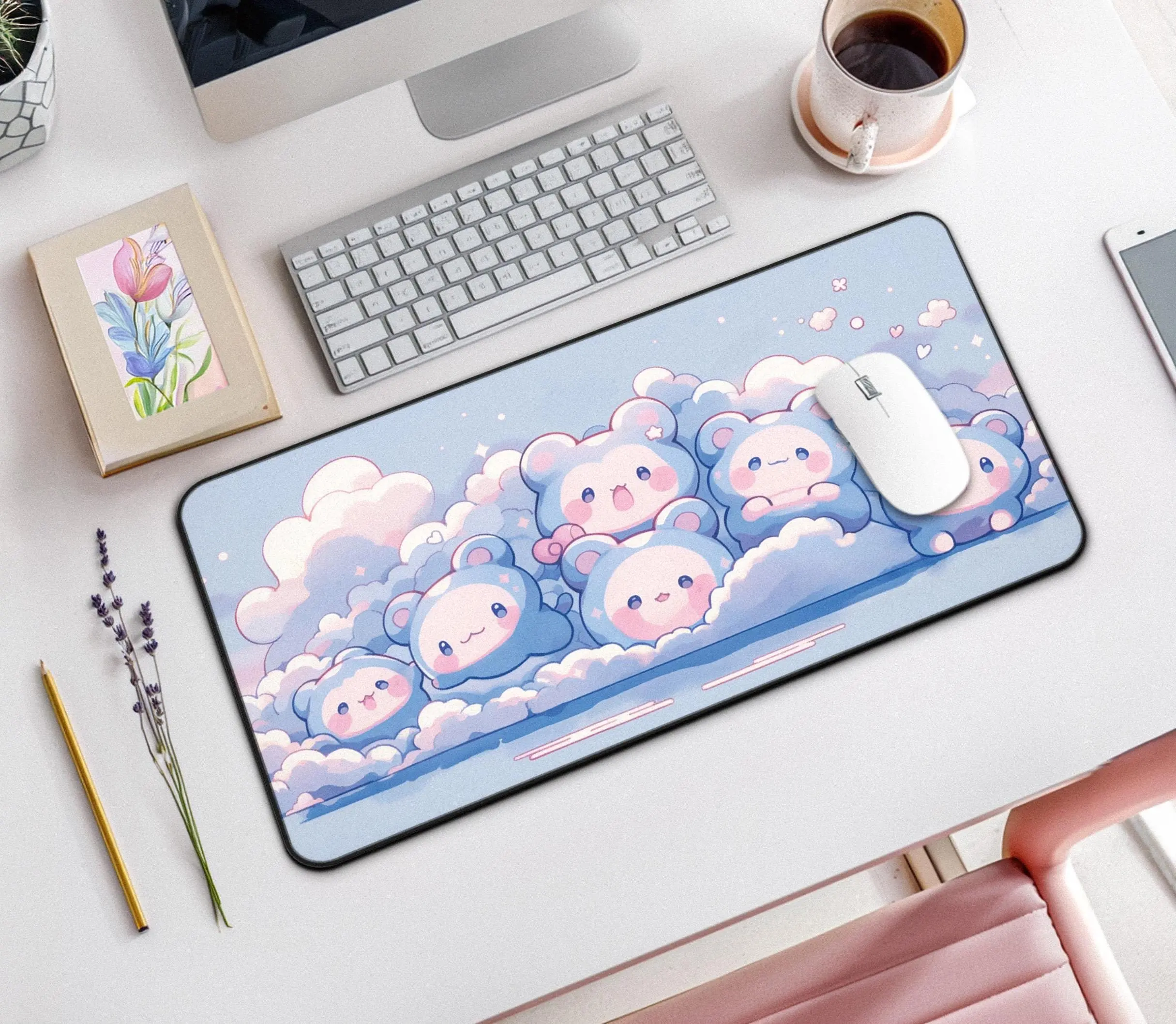 Cute Little Bear Deskmat, Adorable Blue Fun Office Decoration, Wavy Series Mouse Pad,perfect Gift for Friends,beautiful Desk Mat
