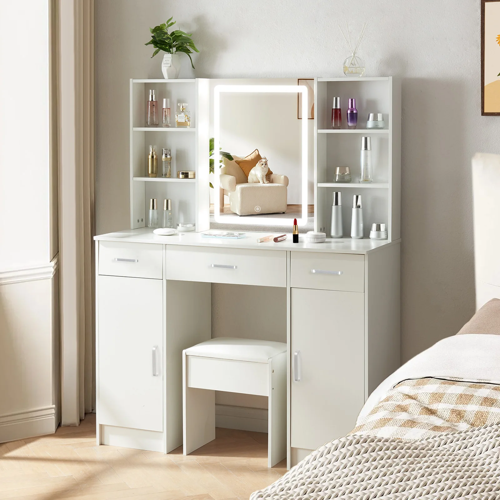 【صفقات 11.11، عروض الجمعة السوداء 2025】مجموعة مقاعد كبيرة لطاولة الزينة مع مرآة مكياج LED ذكية مكونة من 6 أدراج مكتب زينة