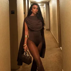 STYLISH LADY Cloak Cape Sleeve Bodysuits 2025 Summer Women O Neck Sexy Club Party Brown One Piece Outfits