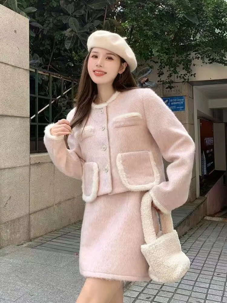 

Pink Woolen Suit Set Fashionable Two-Piece Autumn Winter Outfit with Jacket And Skirt Luxury Style Casual Workwear