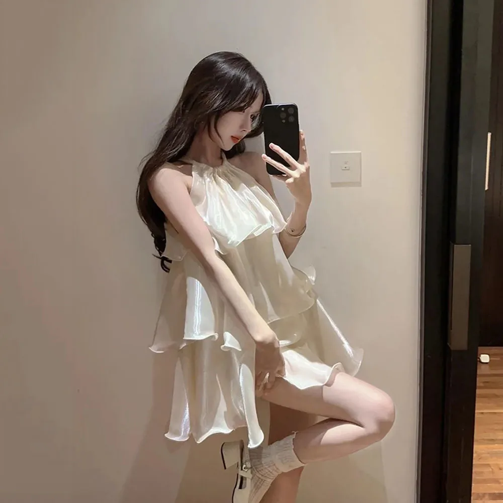 Summer Halter Sleeveless Dress Korean Elegant Hollow Loose Ladies Robe Sexy Shoulderless Chiffon Solid Ruffle Mini Dresses 2024